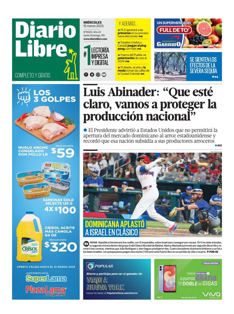 Portada Periódico Diario Libre, Miércoles 15 Marzo, 2023