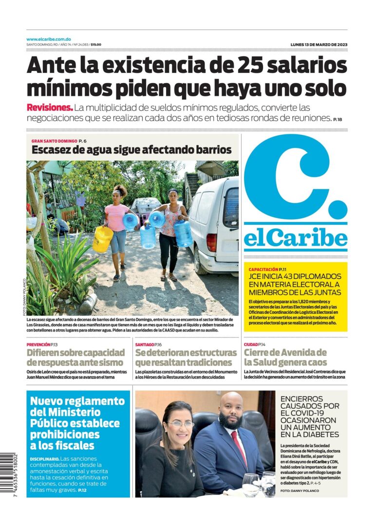 Portada Periódico El Caribe, Lunes 13 Marzo, 2023