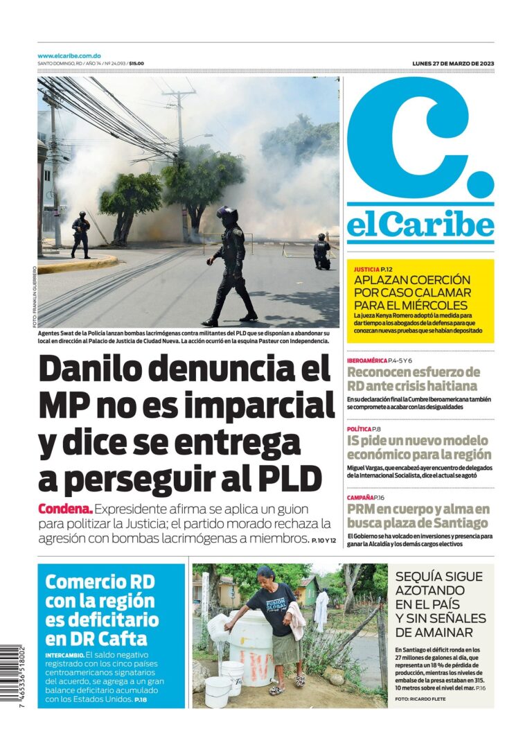 Portada Periódico El Caribe, Lunes 27 Marzo, 2023