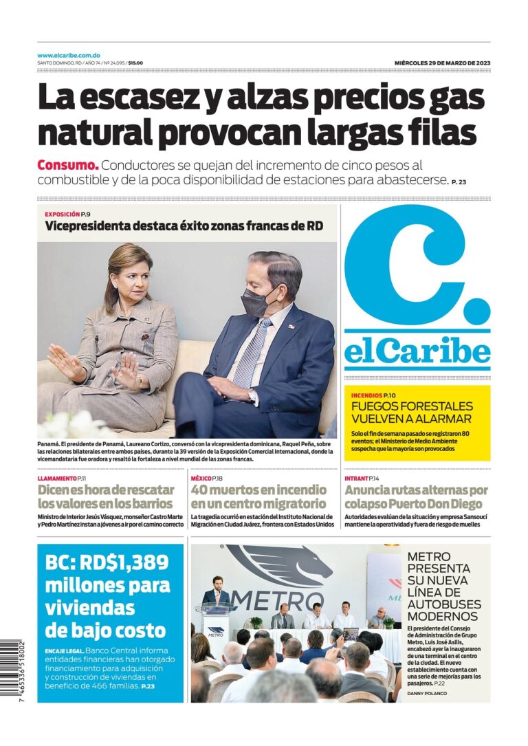 Portada Periódico El Caribe, Miércoles 29 Marzo, 2023