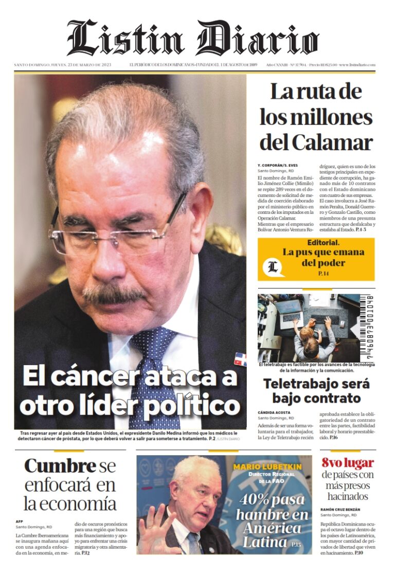 Portada Periódico Listín Diario, Jueves 23 Marzo, 2023