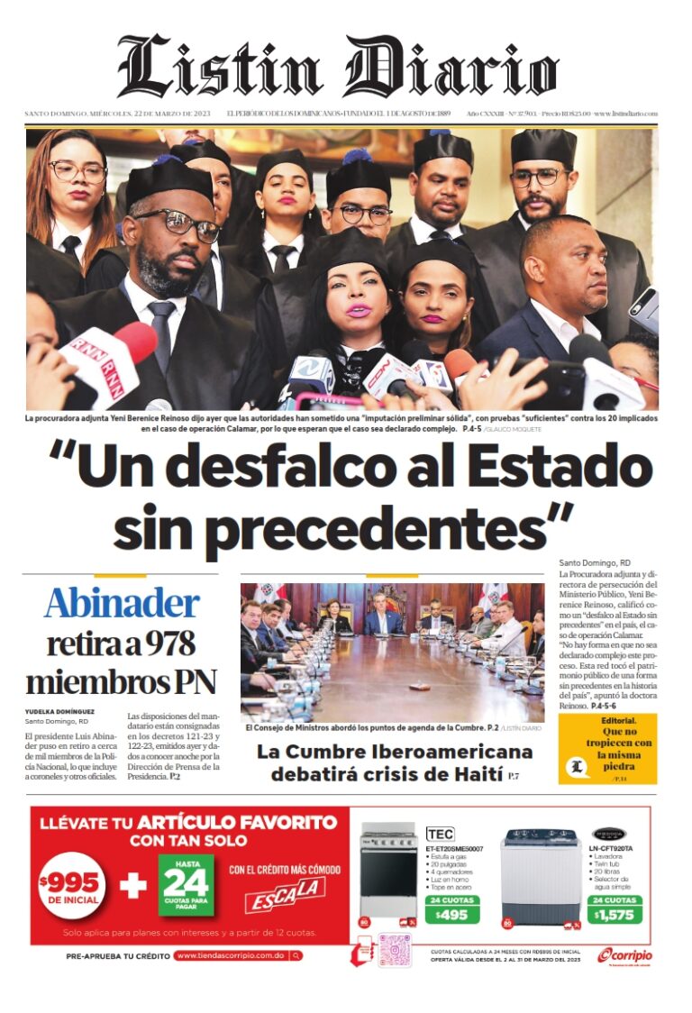 Portada Periódico Listín Diario, Miércoles 22 Marzo, 2023