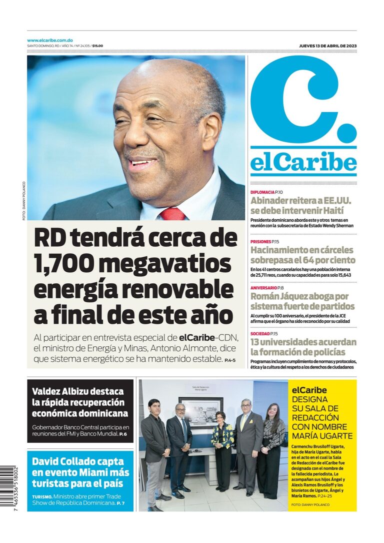 Portada Periódico El Caribe, Jueves 13 Abril, 2023