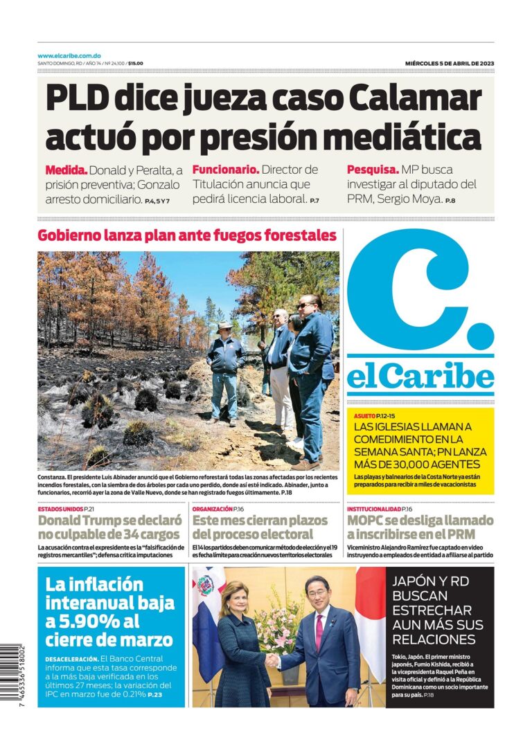 Portada Periódico El Caribe, Miércoles 05 Abril, 2023