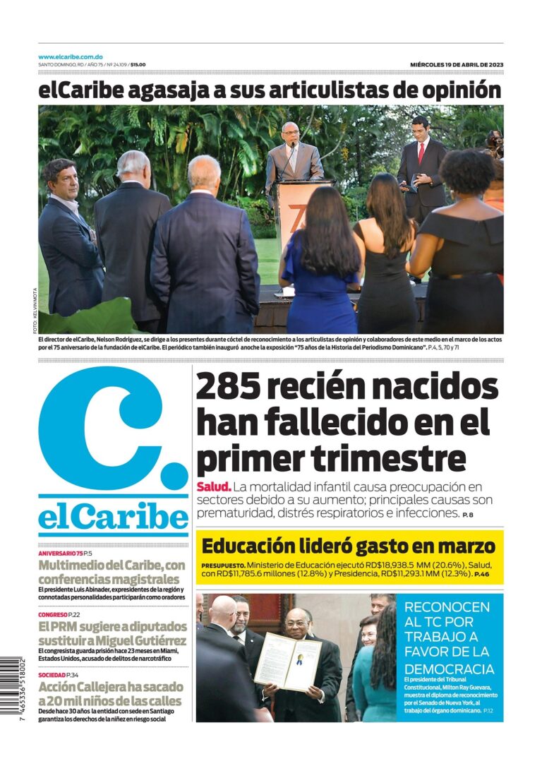 Portada Periódico El Caribe, Miércoles 19 Abril, 2023