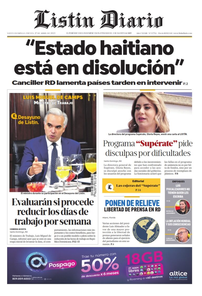 Portada Periódico Listín Diario, Jueves 27 Abril, 2023