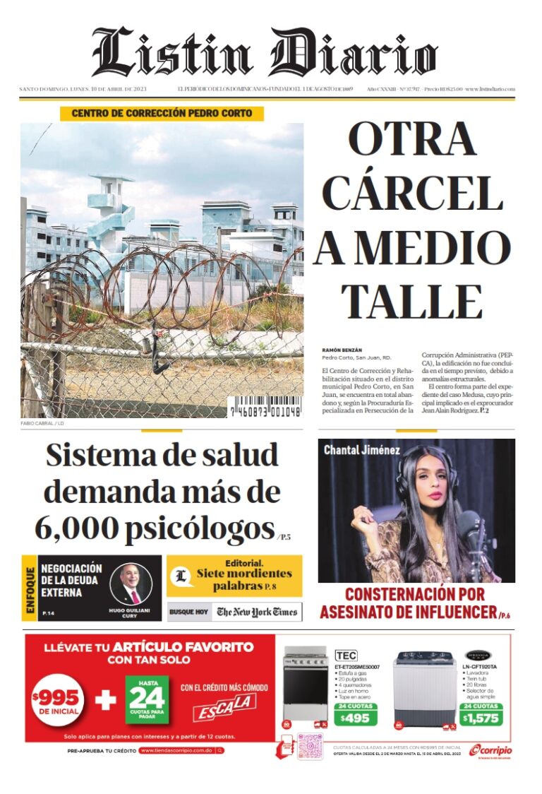 Portada Periódico Listín Diario, Lunes 10 Abril, 2023