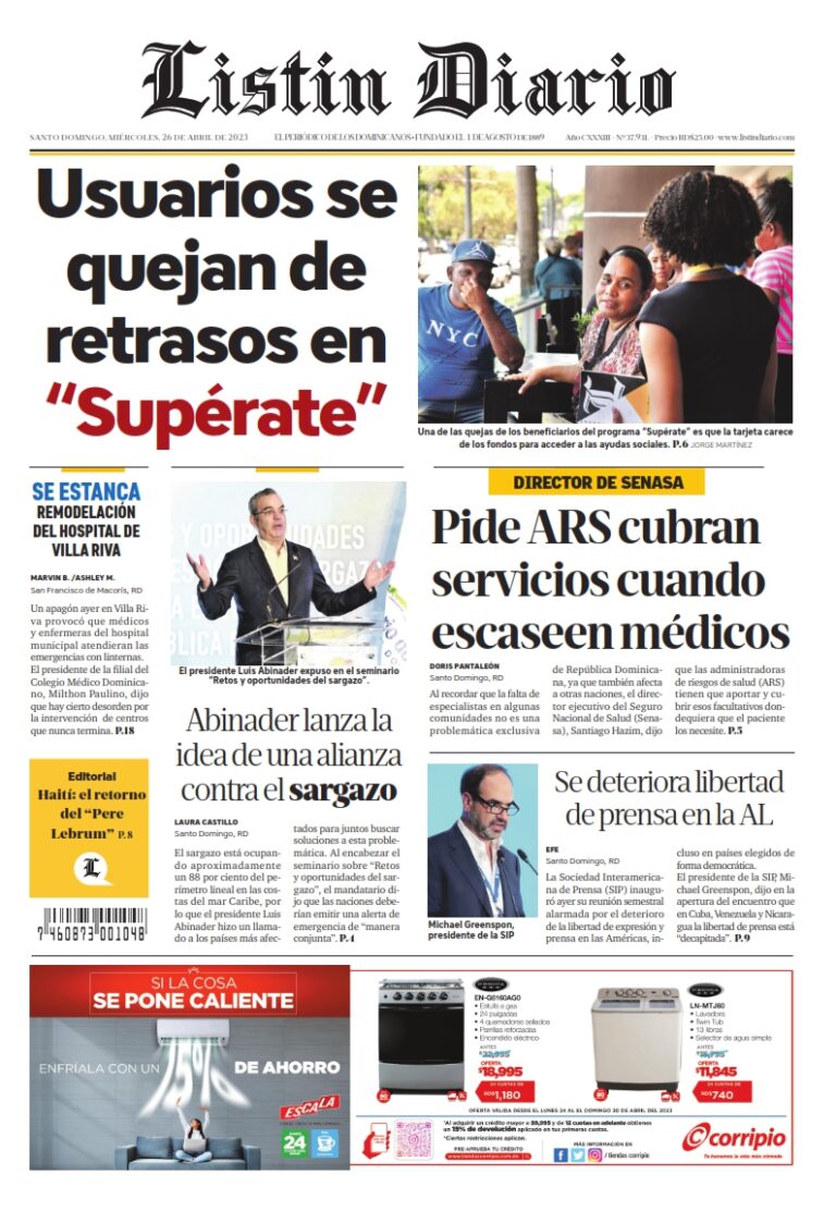 Portada Periódico Listín Diario, Miércoles 26 Abril, 2023