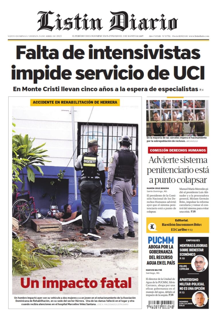 Portada Periódico Listín Diario, Viernes 14 Abril, 2023