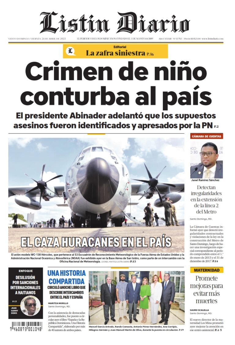 Portada Periódico Listín Diario, Viernes 21 Abril, 2023