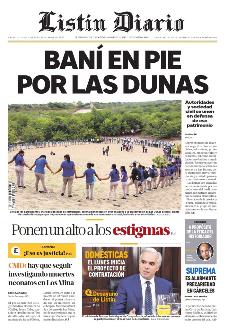 Portada Periódico Listín Diario, Viernes 28 Abril, 2023
