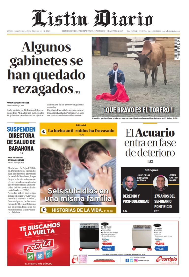 Portada Periódico Listín Diario, Lunes 08 Mayo, 2023