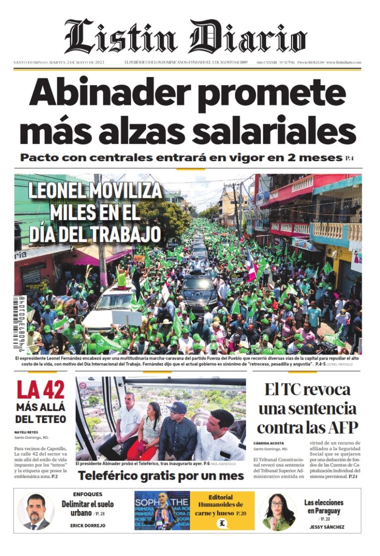 Portada Periódico Listín Diario, Martes 02 Abril, 2023