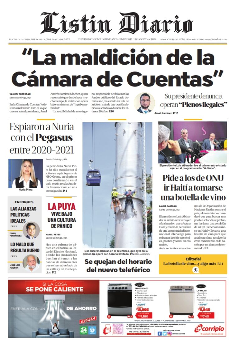 Portada Periódico Listín Diario, Miércoles 03 Abril, 2023