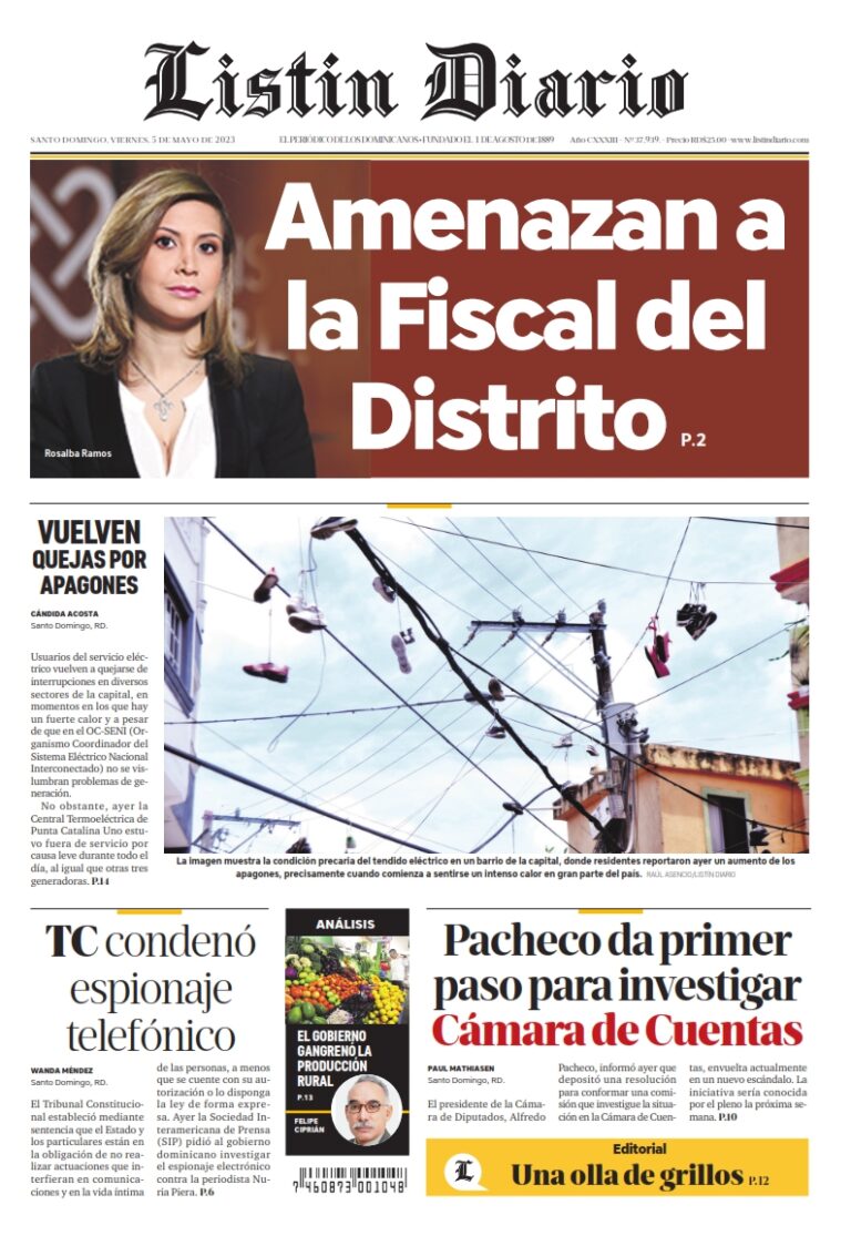 Portada Periódico Listín Diario, Viernes 15 Abril, 2023