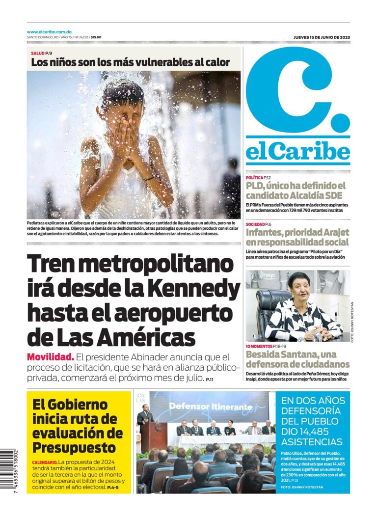 Portada Periódico El Caribe, Jueves 15 Junio, 2023