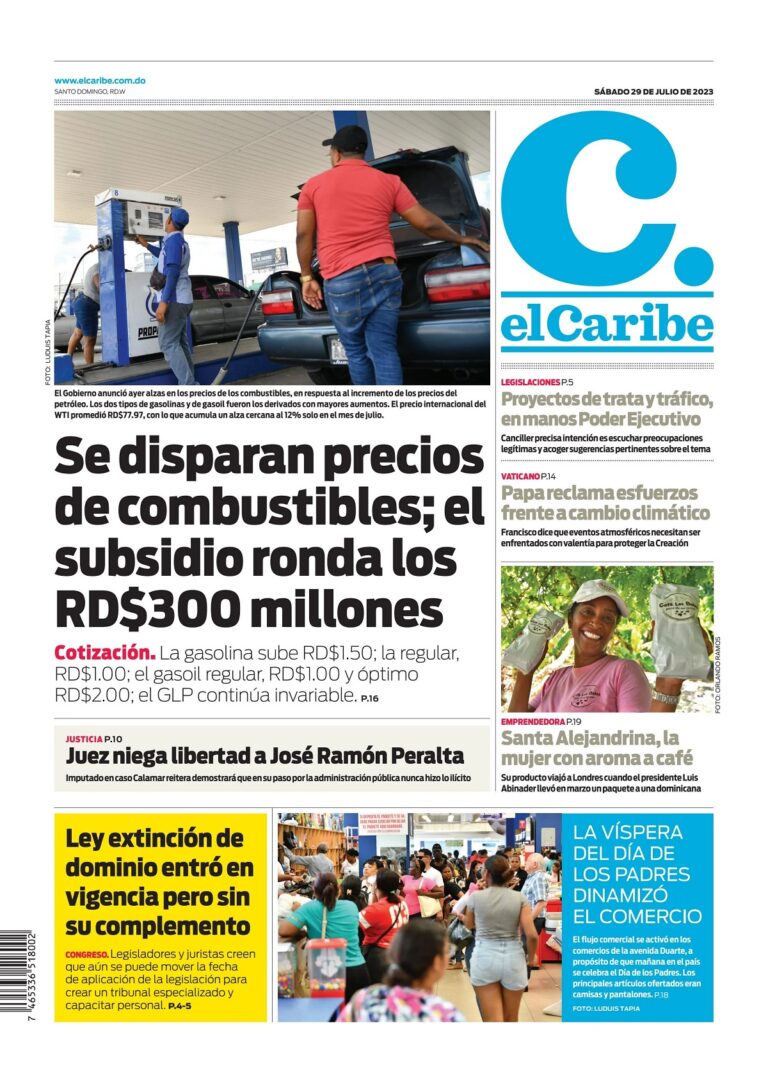 Portada Periódico El Caribe, Lunes 31 Julio, 2023