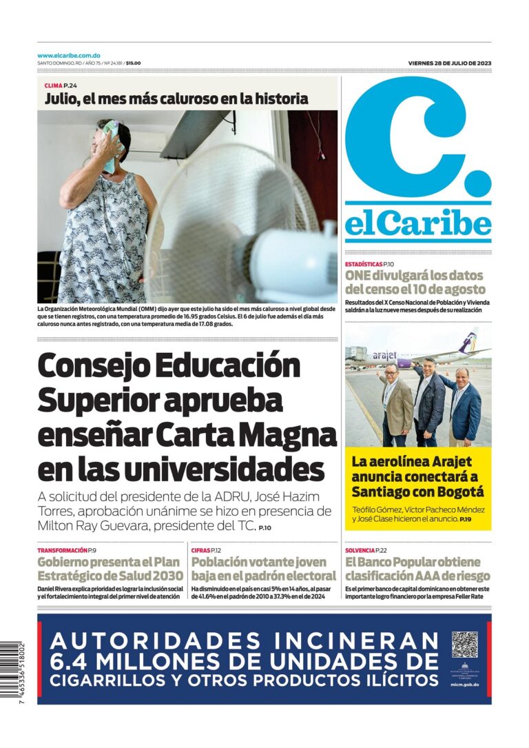 Portada Periódico El Caribe, Viernes 28 Julio, 2023