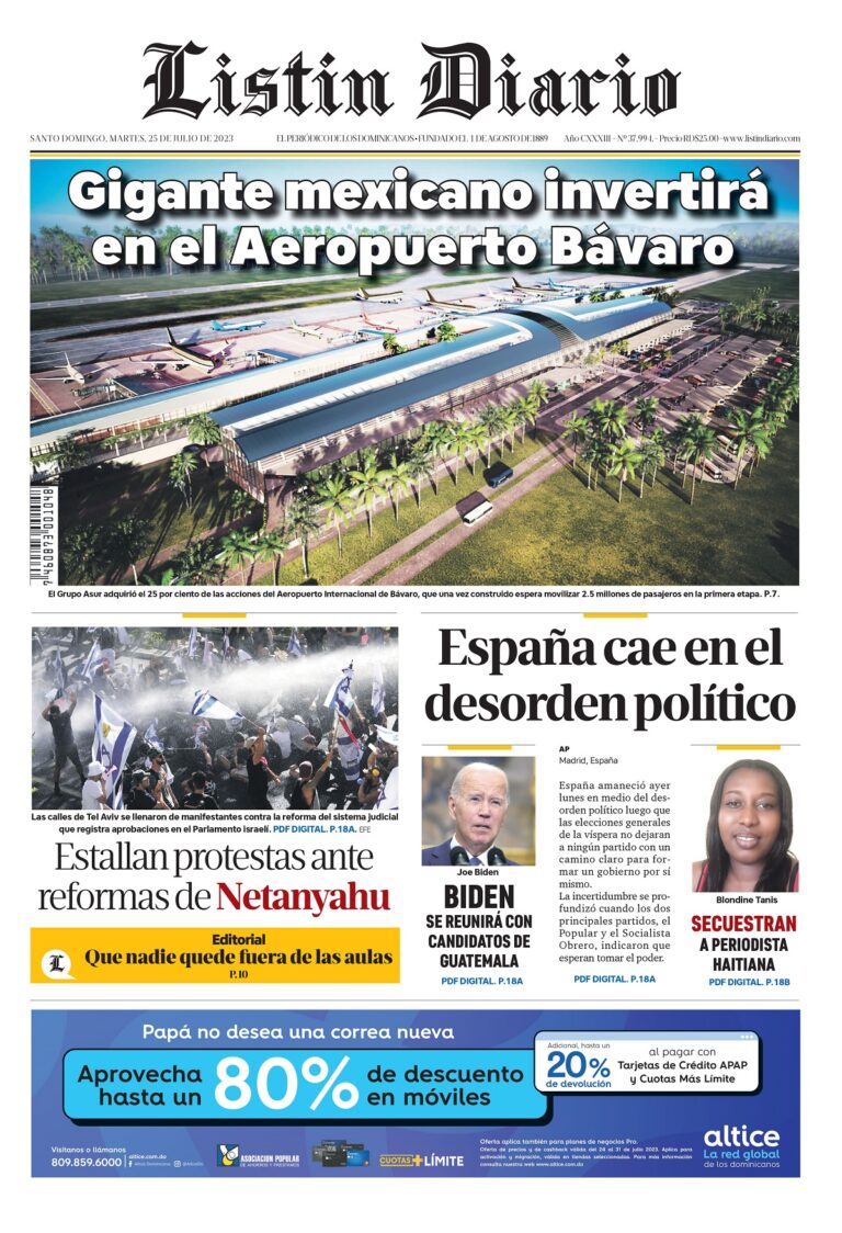 Portada Periódico Listín Diario, Martes 25 Julio, 2023