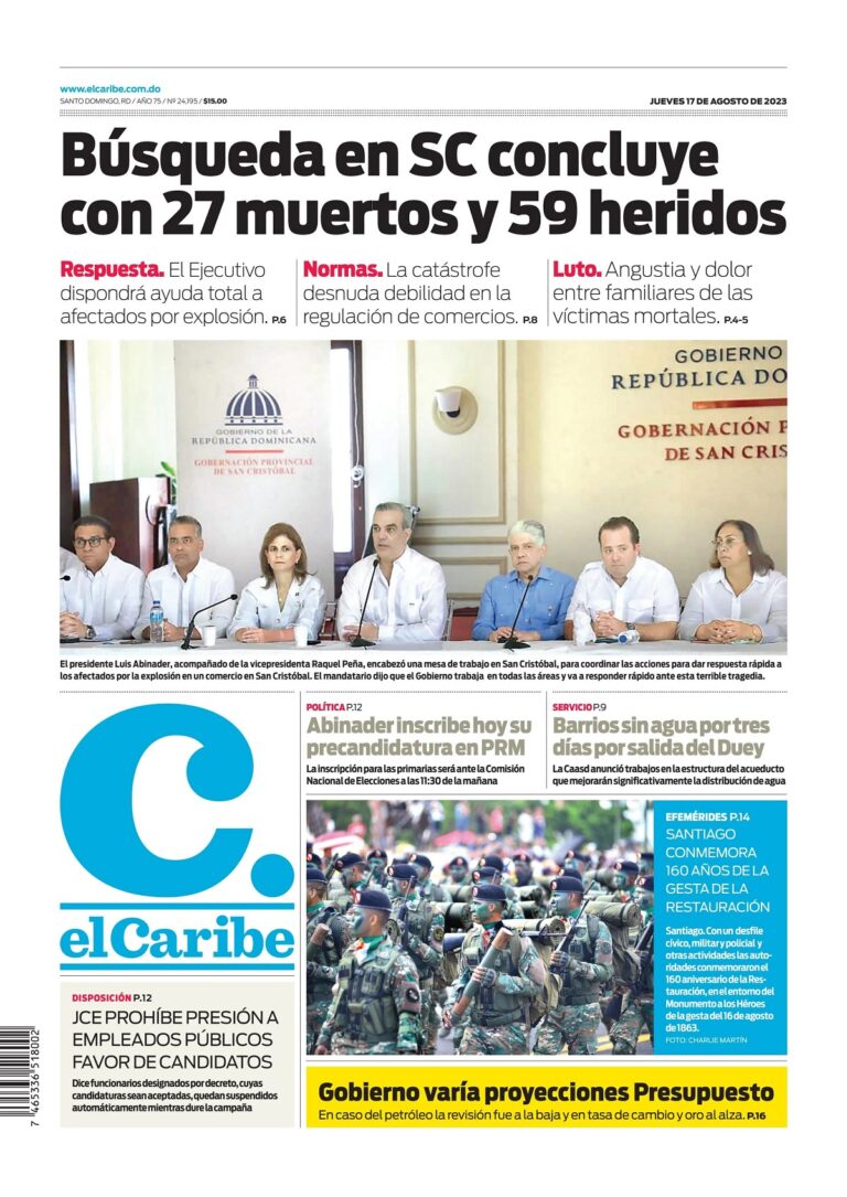 Portada Periódico El Caribe, Jueves 16 Agosto, 2023