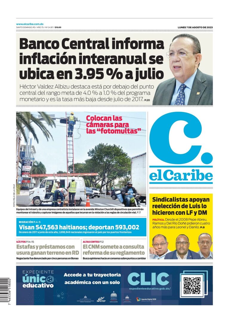 Portada Periódico El Caribe, Lunes 07 Agosto, 2023