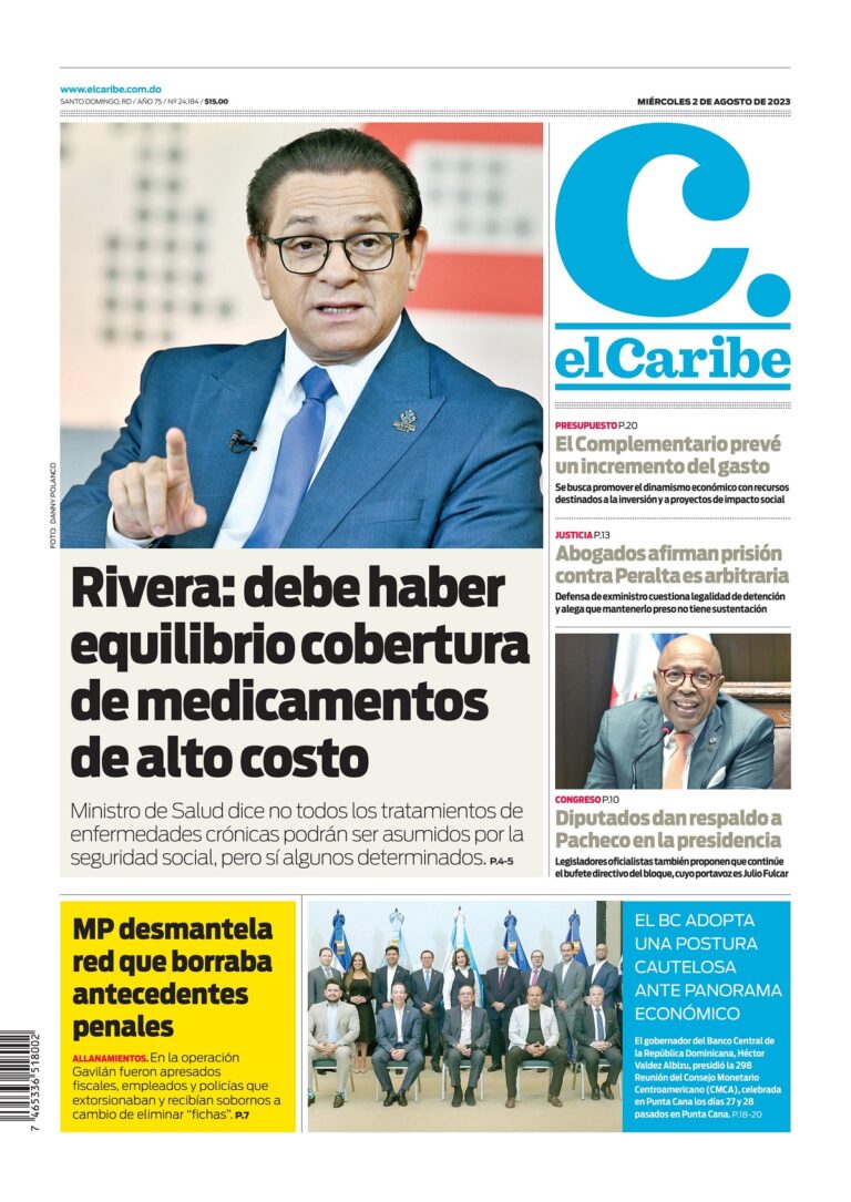 Portada Periódico El Caribe, Miércoles 02 Agosto, 2023