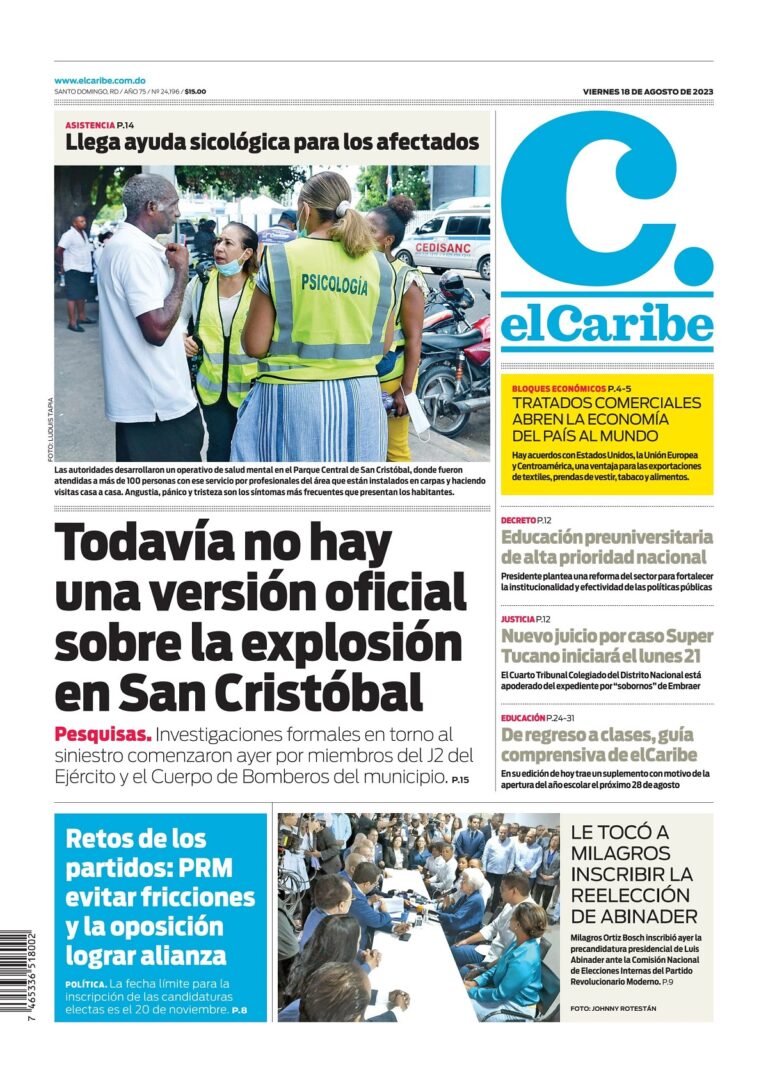 Portada Periódico El Caribe, Viernes 18 Agosto, 2023