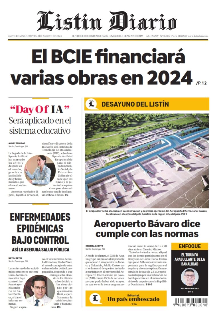 Portada Periódico Listín Diario, Jueves 03 Agosto, 2023