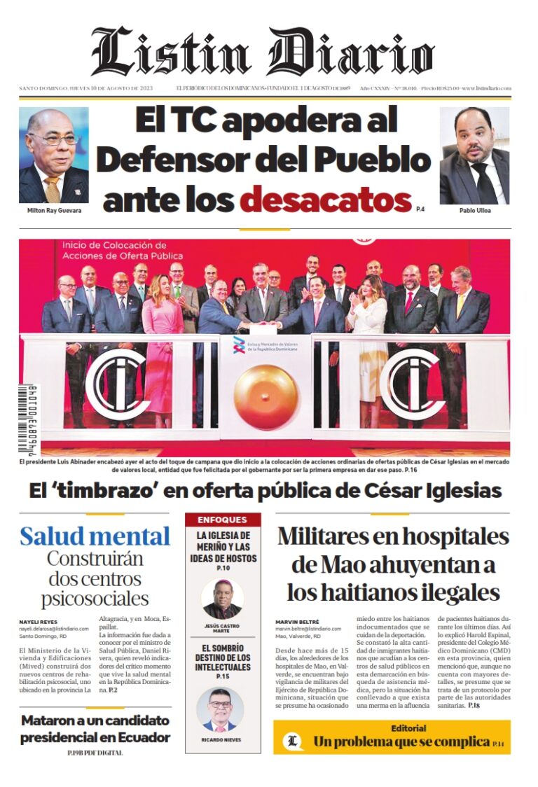 Portada Periódico Listín Diario, Jueves 10 Agosto, 2023