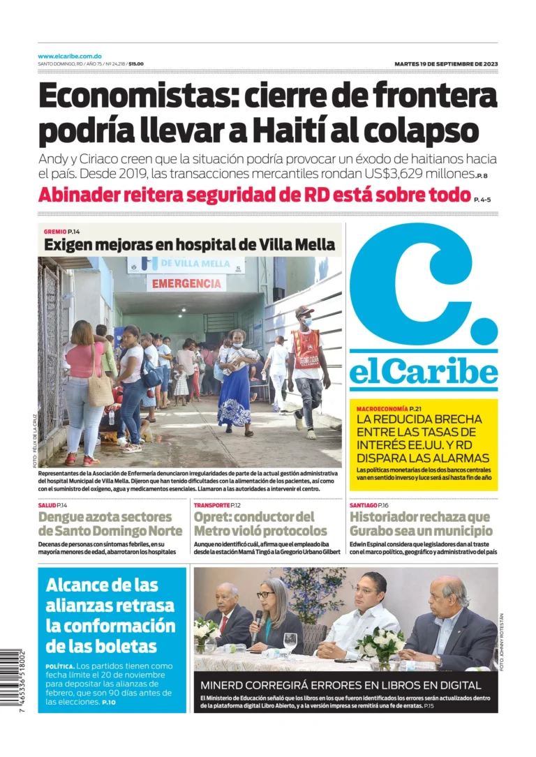 Portada Periódico El Caribe, Martes 19 Septiembre, 2023