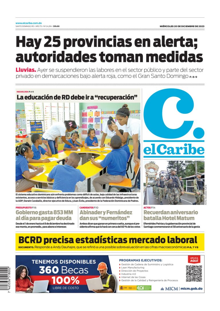 Portada Periódico El Caribe, Miércoles 20 Diciembre, 2023