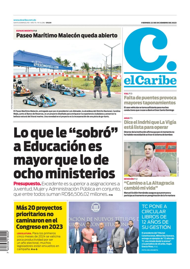 Portada Periódico El Caribe, Viernes 22 Diciembre, 2023