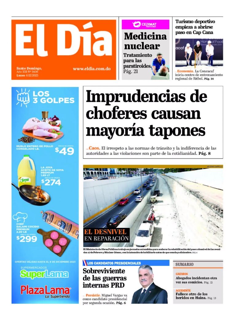 Portada Periódico El Día, Lunes 04 Diciembre, 2023