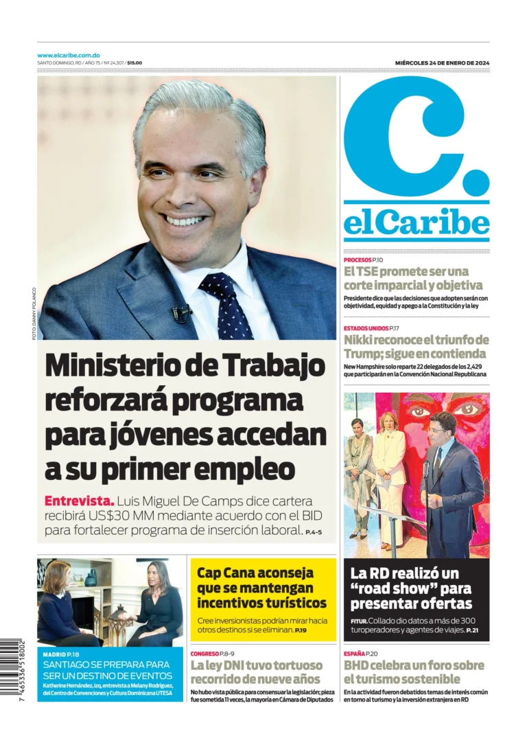 Portada Periódico El Caribe, Miércoles 24 Enero, 2024