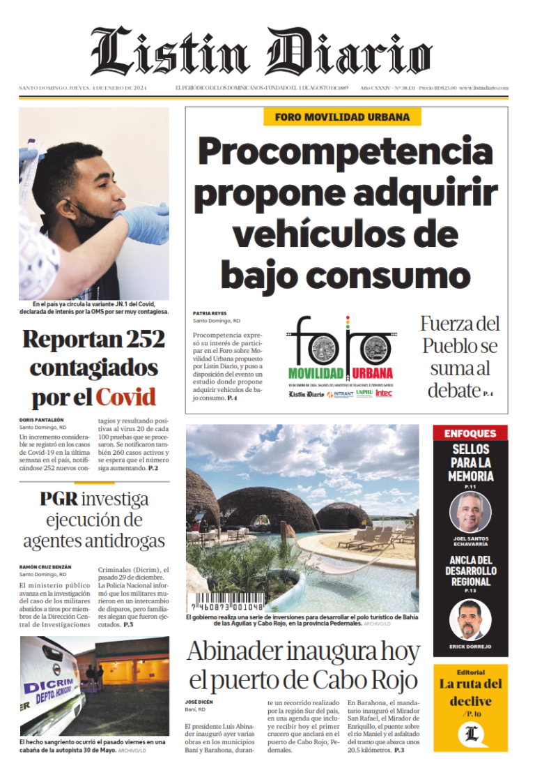 Portada Periódico Listín Diario, Jueves 04 Enero, 2024