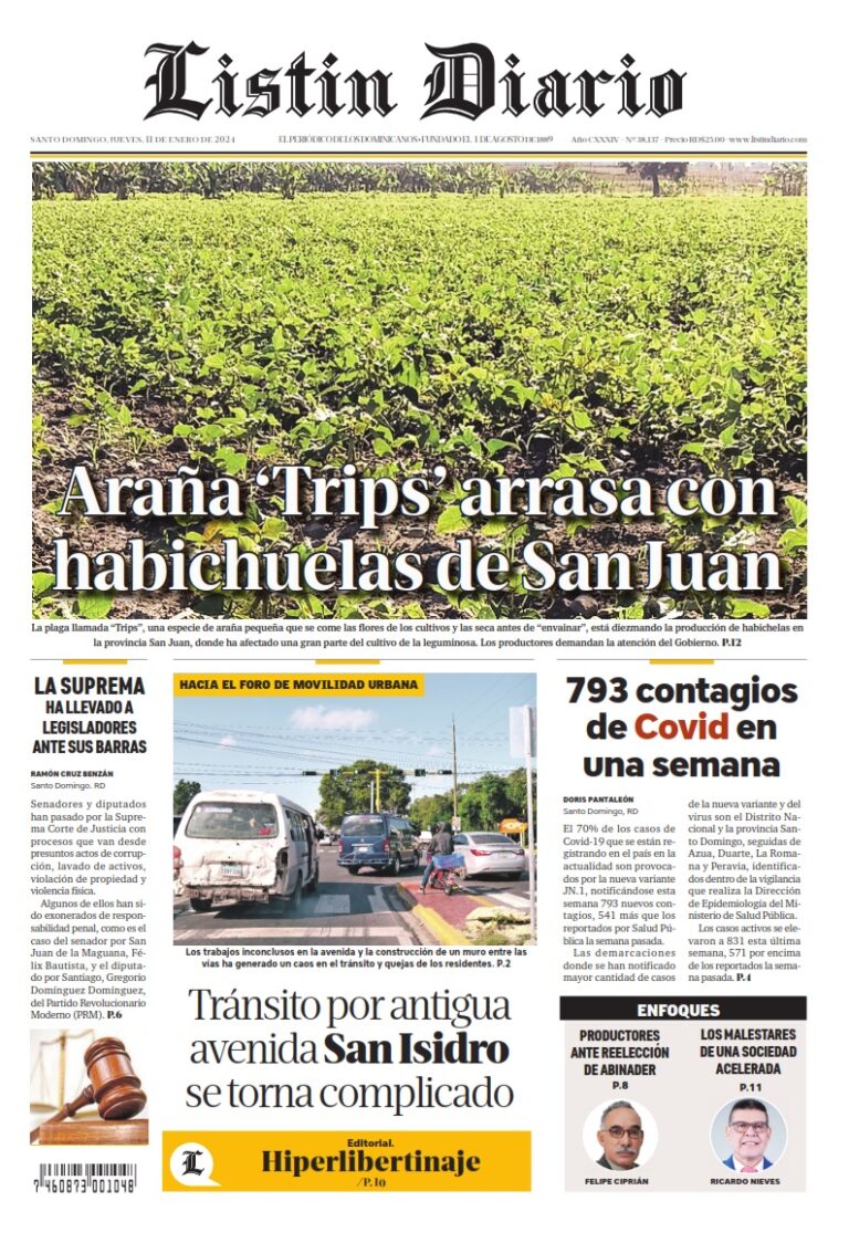 Portada Periódico Listín Diario, Jueves 11 Enero, 2024