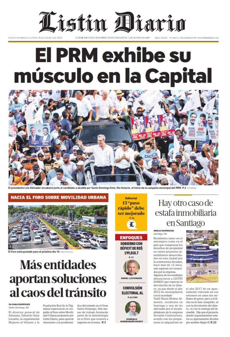 Portada Periódico Listín Diario, Lunes 08 Enero, 2024