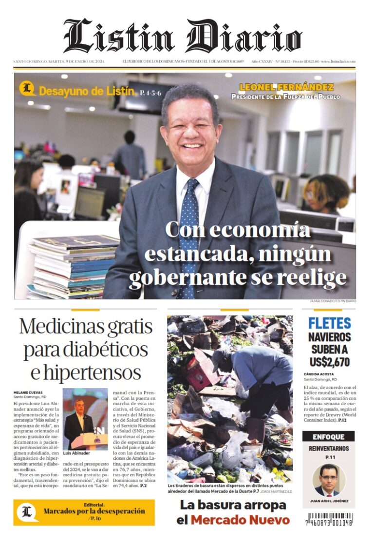 Portada Periódico Listín Diario, Martes 09 Enero, 2024