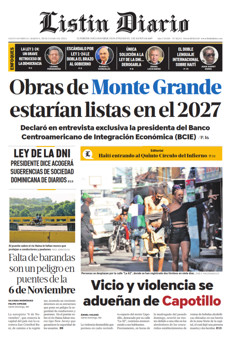 Portada Periódico Listín Diario, Martes 30 Enero, 2024