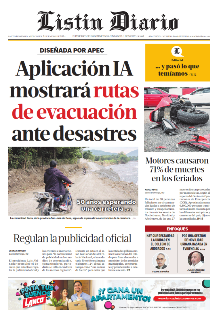 Portada Periódico Listín Diario, Miércoles 03 Enero, 2024