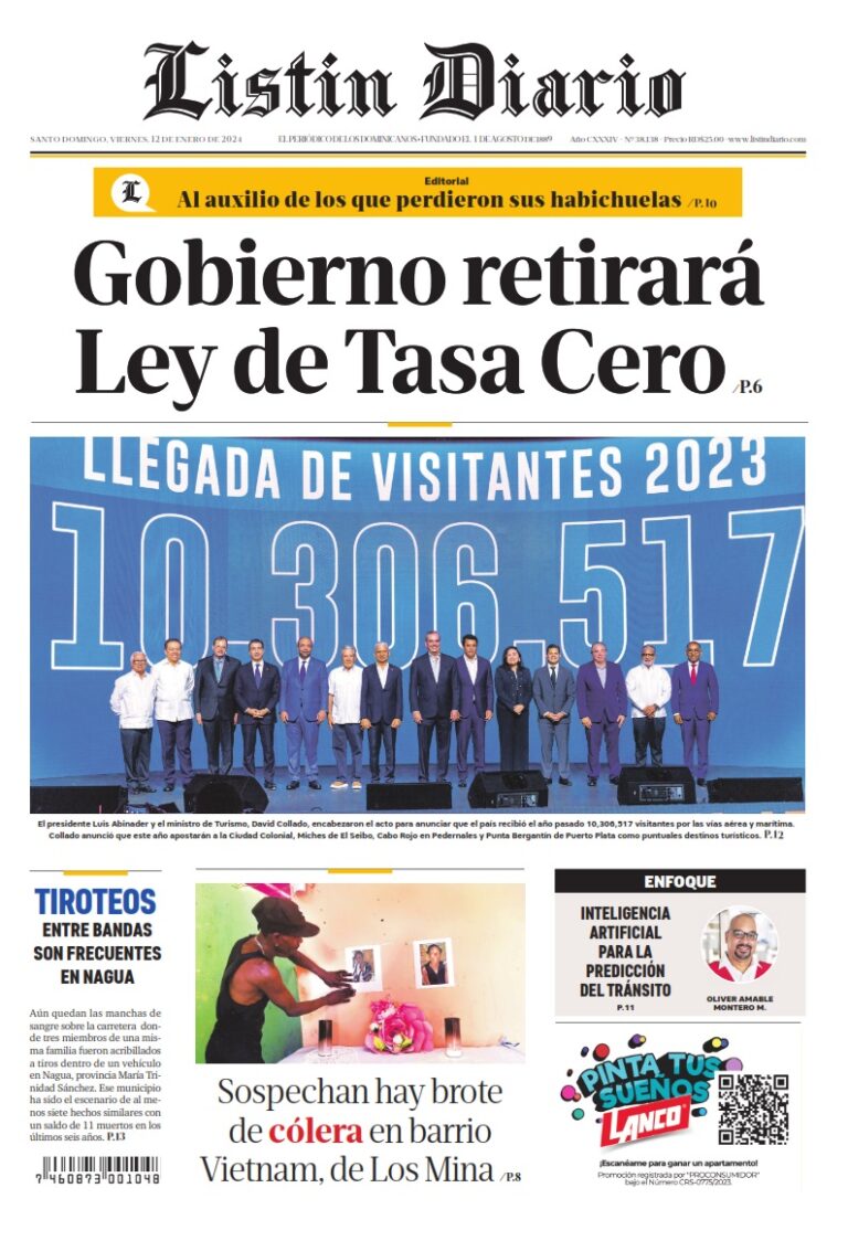 Portada Periódico Listín Diario, Viernes 12 Enero, 2024