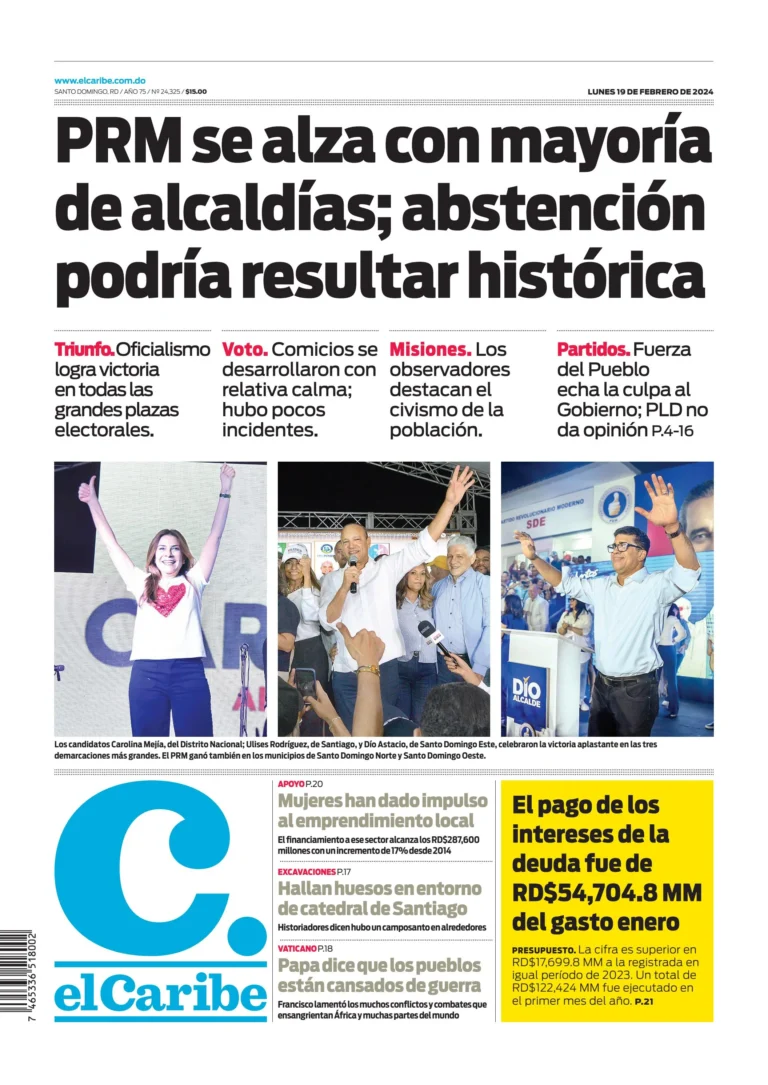 Portada Periódico El Caribe, Lunes 19 Febrero, 2024
