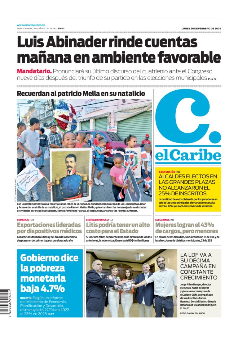 Portada Periódico El Caribe, Lunes 26 Febrero, 2024