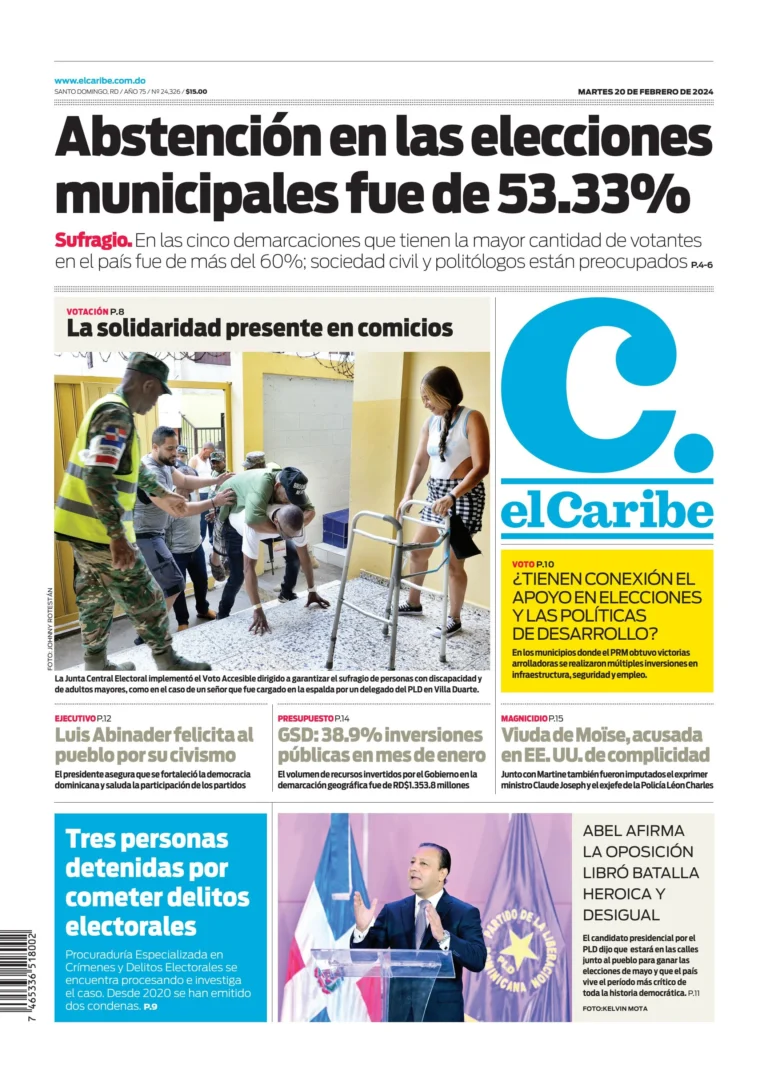 Portada Periódico El Caribe, Martes 20 Febrero, 2024