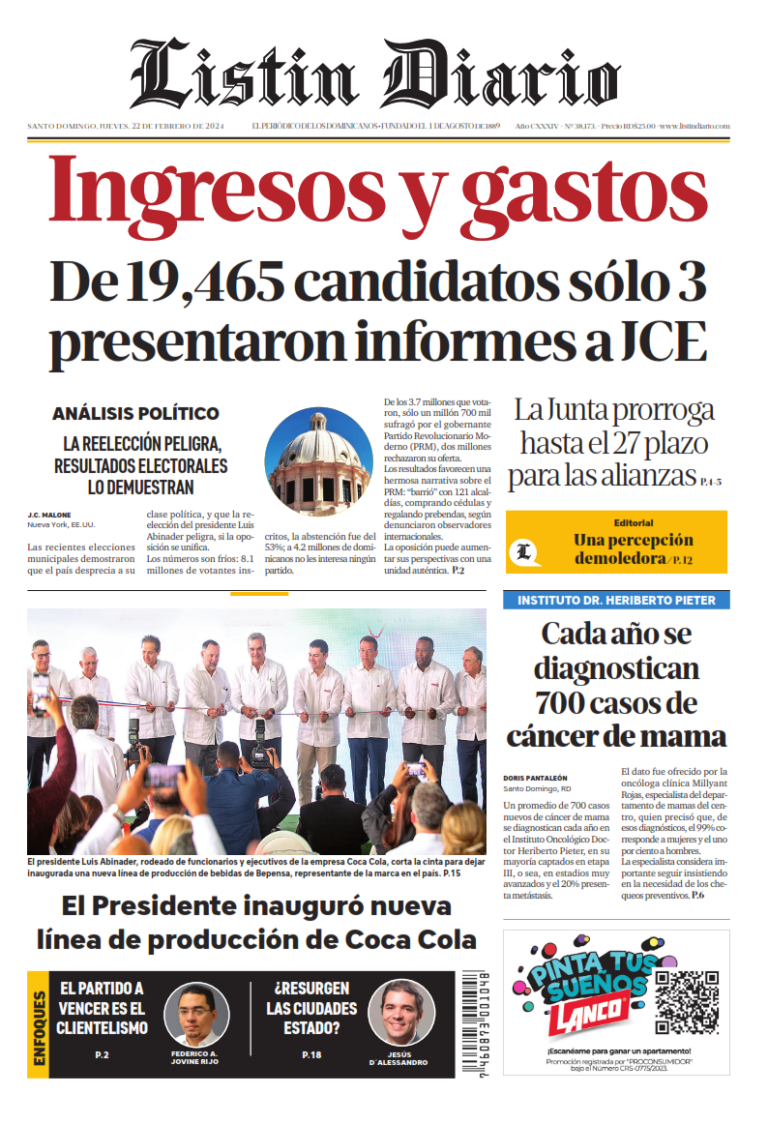 Portada Periódico Listín Diario, Jueves 22 Febrero, 2024