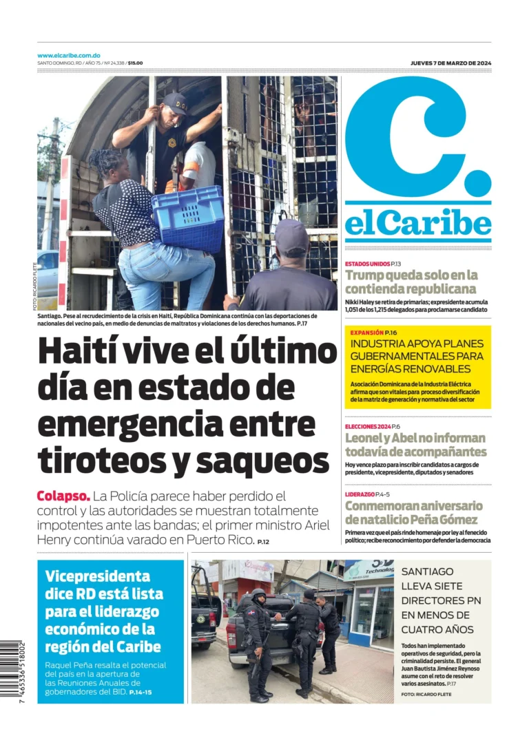 Portada Periódico El Caribe, Jueves 07 Marzo, 2024