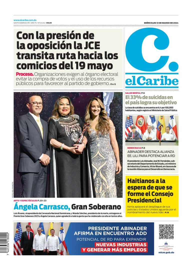 Portada Periódico El Caribe, Miércoles 13  Marzo, 2024