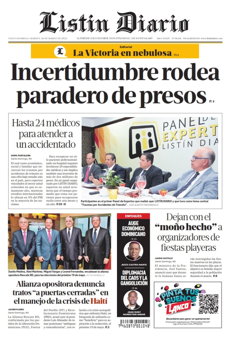 Portada Periódico Listín Diario, Martes 26 Marzo, 2024
