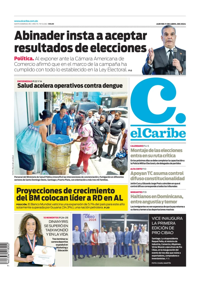 Portada Periódico El Caribe, Jueves 11 Abril, 2024