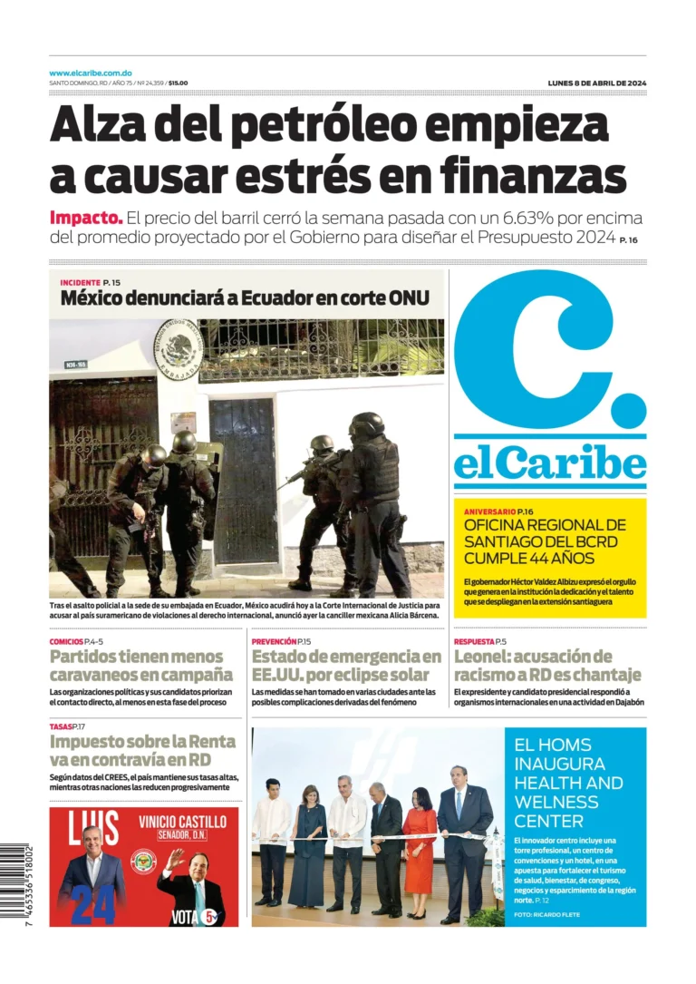 Portada Periódico El Caribe, Lunes 08 Abril, 2024